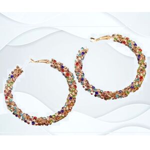 Gold Hoop Colored Rhinestones Earrings Medium Size